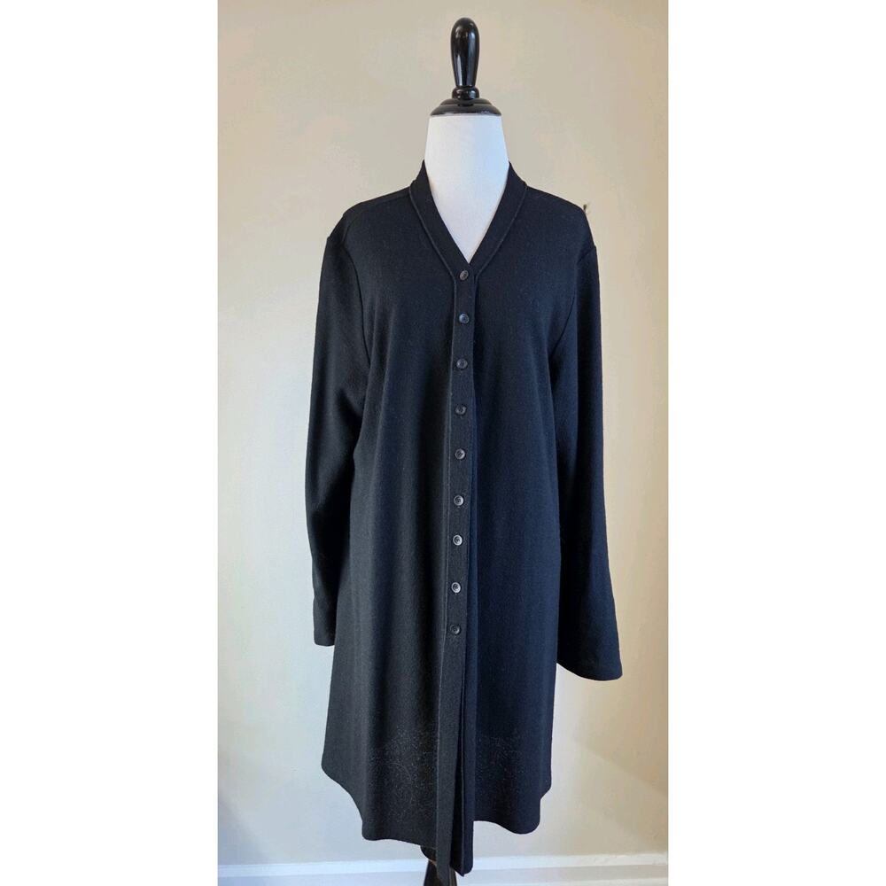 Eileen Fisher 100% Wool Long Button Down Cardigan Black Women's XL